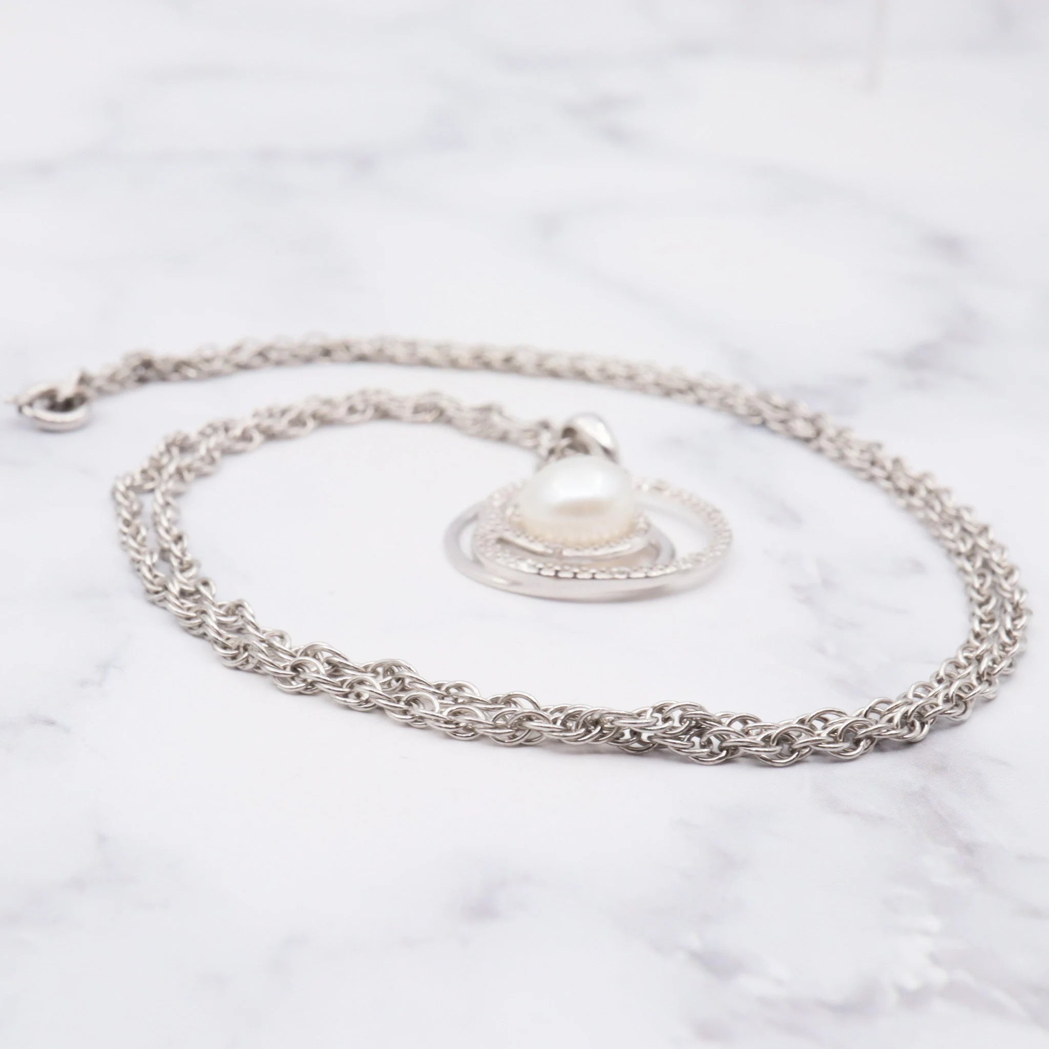 Vintage sterling pearl & diamond pendant on a sterling prince of whales chain, 20"